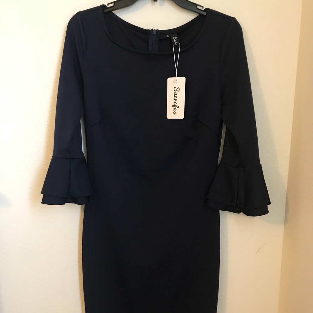 Sucrefas — Navy Ruffle-Sleeve Sheath Dress